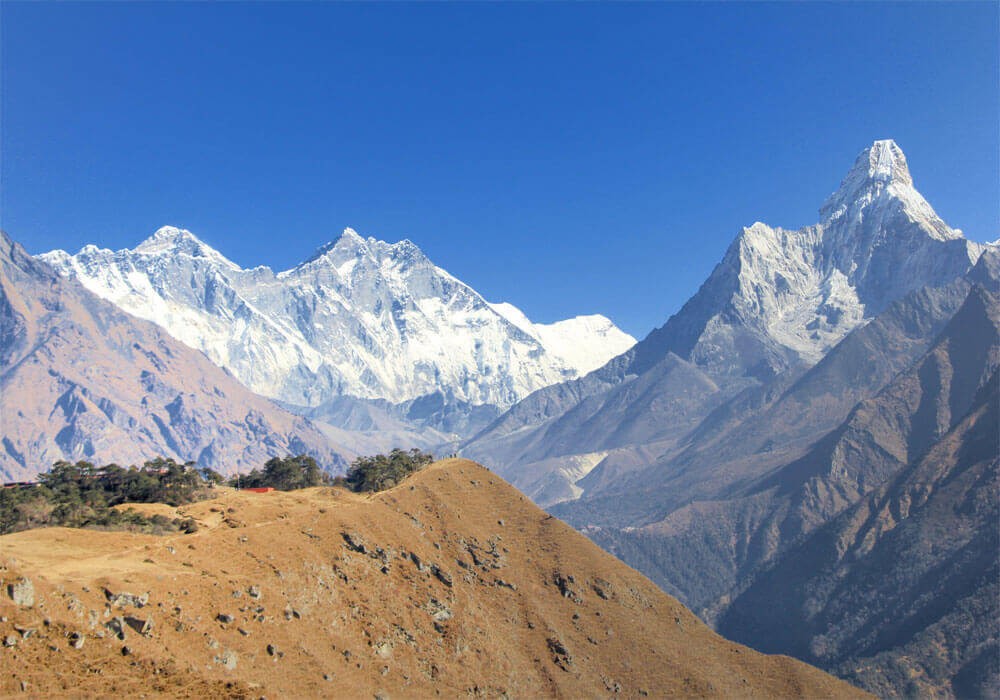 mt. amadablam, everest, lhotse and nuptse with blue sky on a clear day from everest view hotel