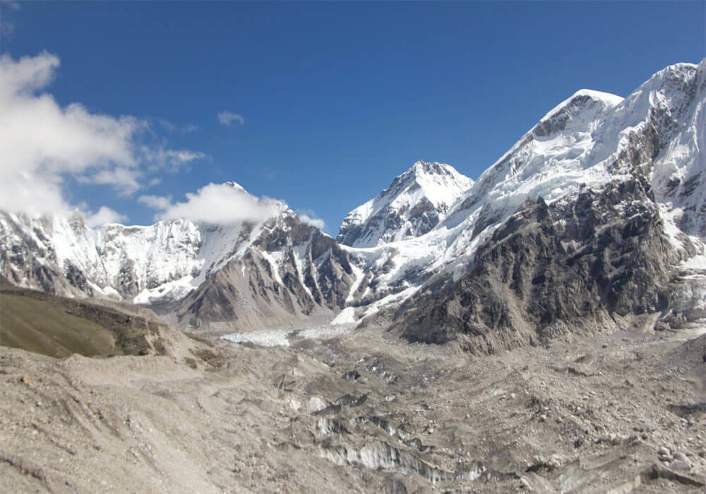 Khumbu glacier, mt. lola, and tibetan mountain from the base camp trail