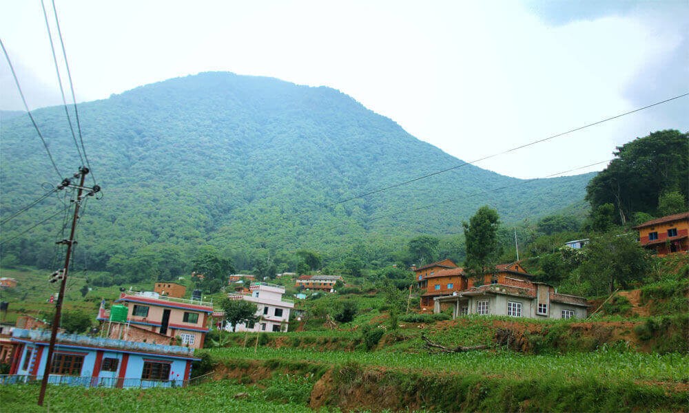 typical houses and farming lands in lower areas, champadevi hill sorrounded by lots of trees looks attractive.