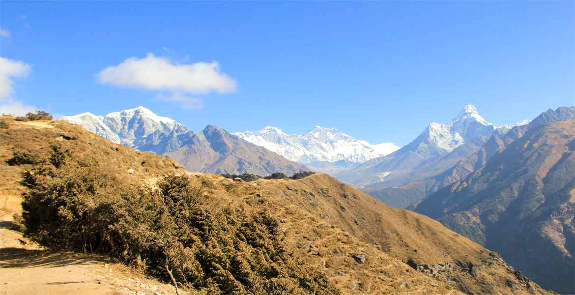 Magnificent mountain views from Hotel Everest View with the blue sky on a clear day.