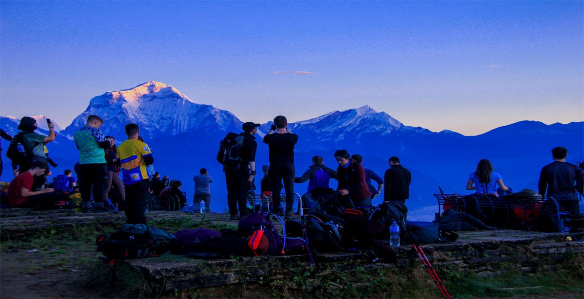 Dhaulagiri and annapurna himalayas with blue sky early morning before sunrise from poon hill.