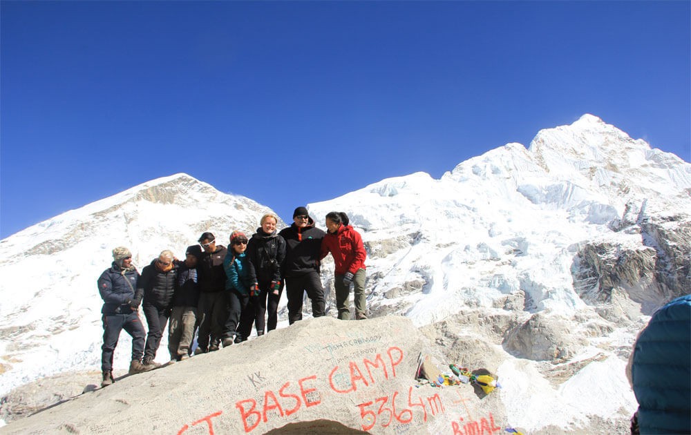 trekkers at everest base camp and beautiful view of the everest himalayas with blue sky on luxury everest base camp trek.