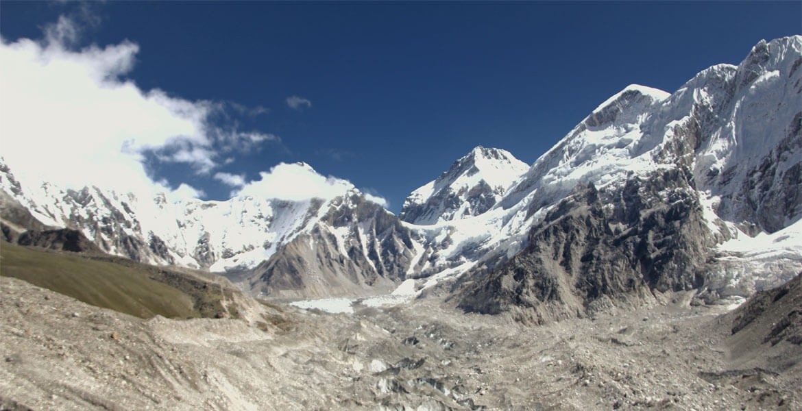 khumbu glacier, everest himalaya and blue sky in a clear weather around the everest base camp in november.