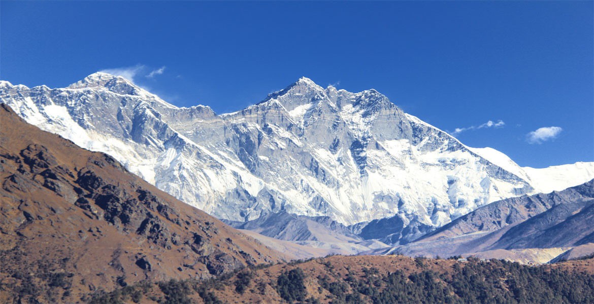 mt. everest, lhotse and nuptse from tengboche during everest base camp trek in winter