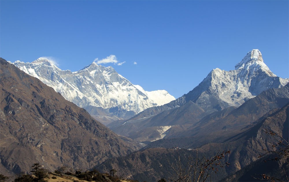 mt. amadablam, lhotse, nuptse and everest with blue sky views from everest view hotel.