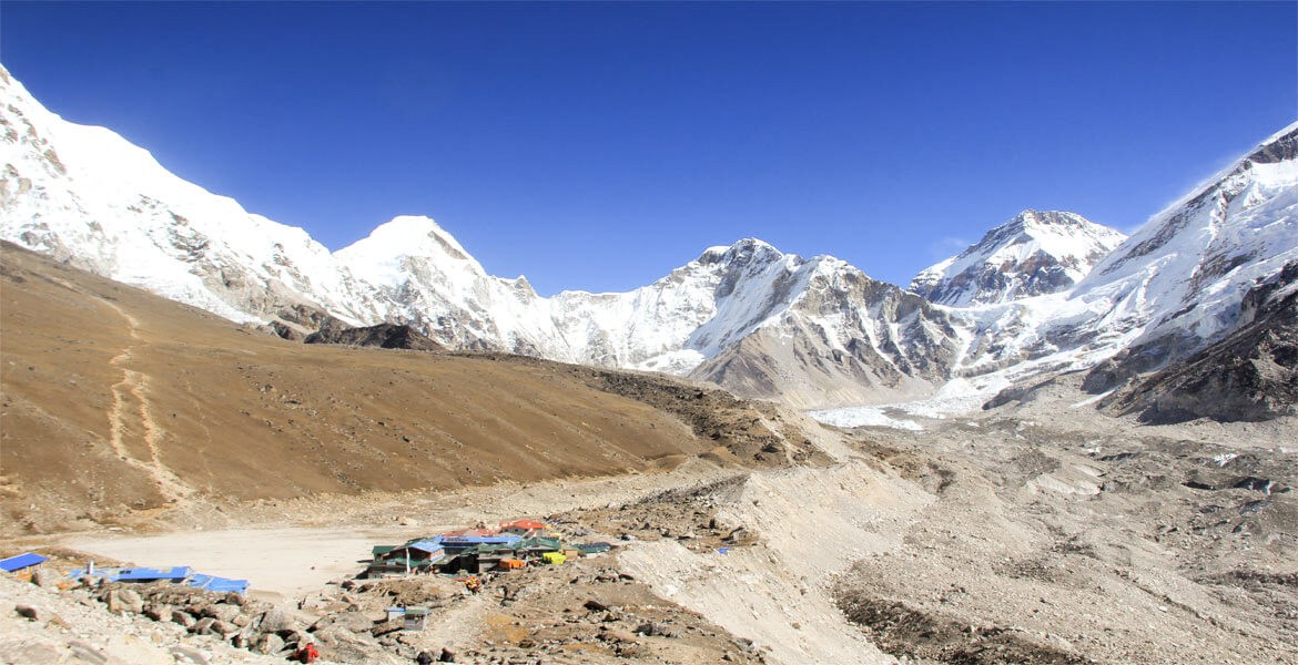 Trekkin glodges in Gorak Shep, magnificent mountain views, trail to Kala Patthar, and Khumbu Glacier with the blue sky on Gorak shep visit during the Everest Base Camp Trekking.