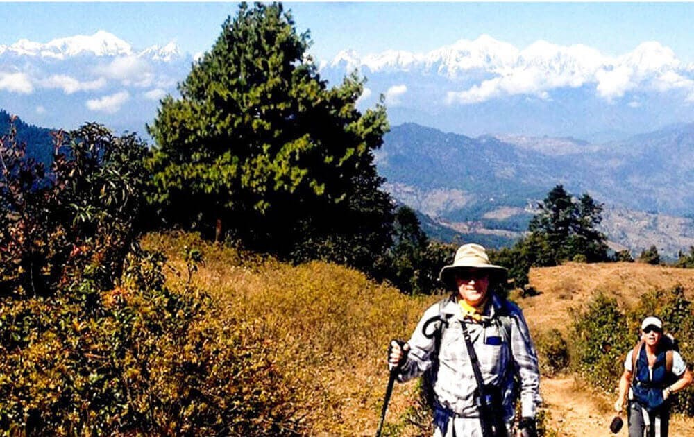 trekkers in indigenous peoples trail and beautiful mountain views with blue sky on a clear day.