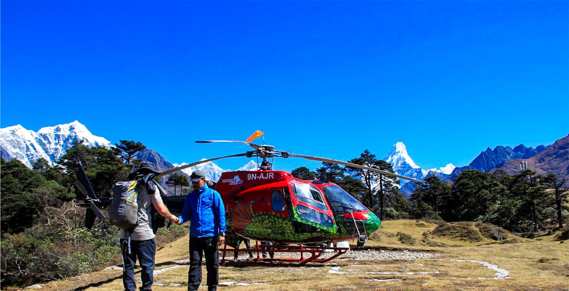 helicopter landing at vantage viewpoint, beautiful views of the mountain and clear sky.