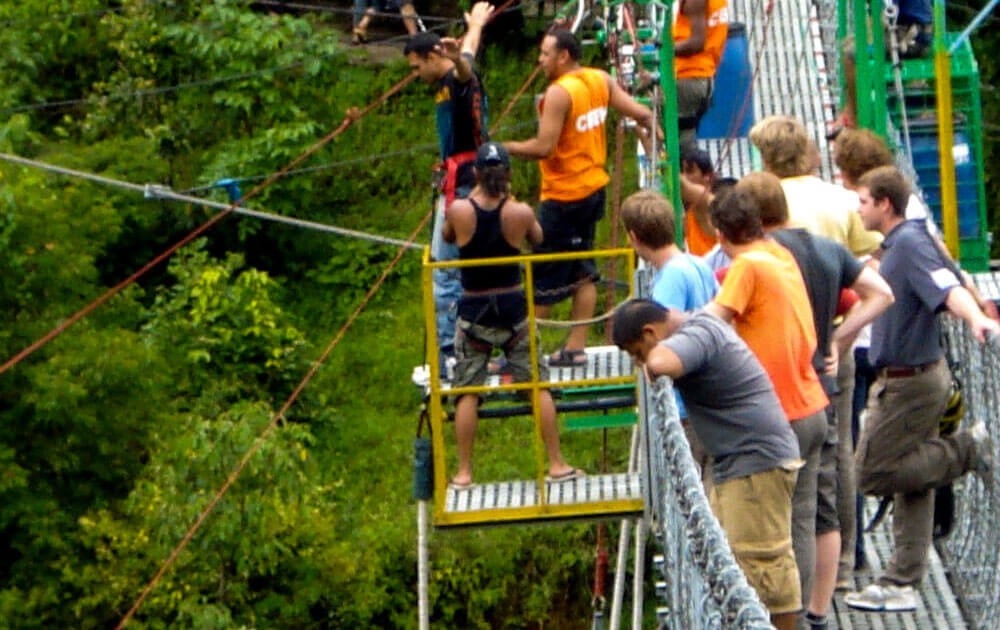 bridge for the last resort bungee jump and and people ready to jump.