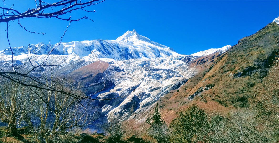 mt. manaslu and blue sky in a clear day in october