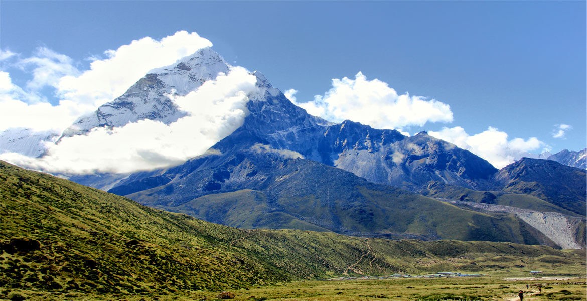 mt. amadablam, blue sky from pheriche valley in a clear weather in september.