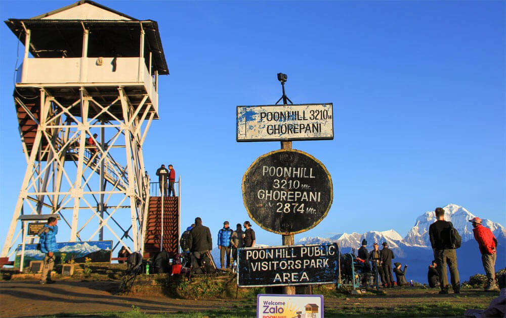 poon hill view tower, trekkers, beautiful mountain view and blue sky from poon hill station on poon hill trek.
