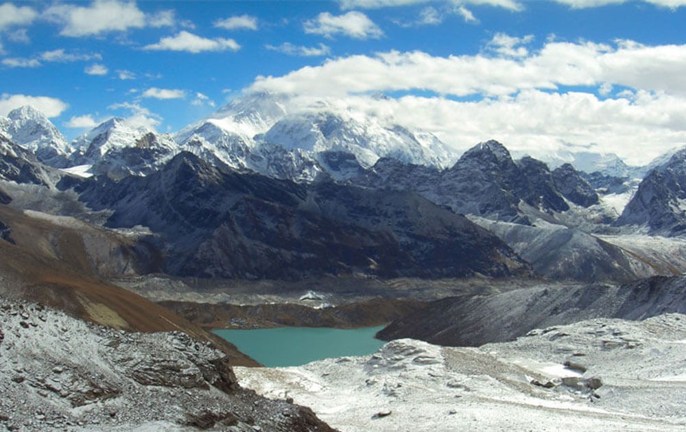 beautiful mountains, glacier, and gokyo lake view from renjo la top on renjo la pass trek.