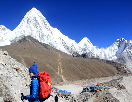 Mt. pumori and gorakshep with blue sky and other high mountains from everest region.