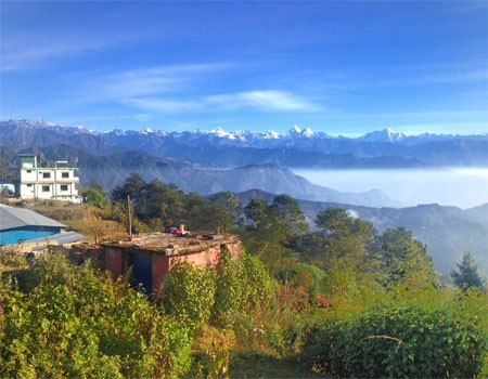 langtang himalayan range, blue sky from chisapani nagarkot trekking trail on a clear day