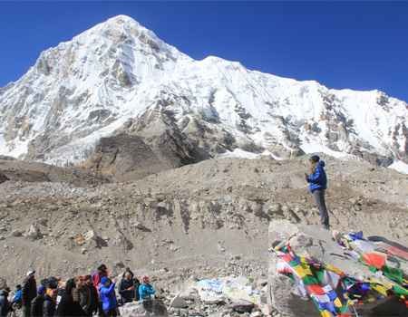 trekkers at everest base camp and bright mountain view on 10 days everest base camp trek.