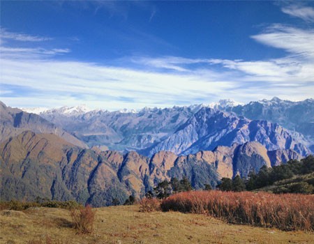 Tibetan massif from the nagthali hill on a clear day with blue sky.